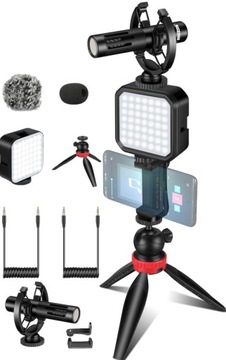 Zestaw 3w1 statyw do telefonu lampa mikrofon