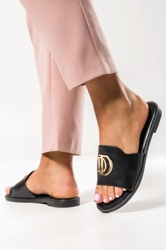 ТАПОЧКИ ЖЕНСКИЕ ЧЕРНЫЕ С ШИРОКИМ РЕМНЕМ И ЗОЛОТЫМ ОТДЕЛЕНИЕМ, ПЛОСКИЕ, размер 38