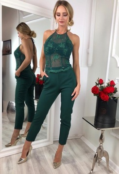 Приталенный комбинезон василькового цвета с кружевом S