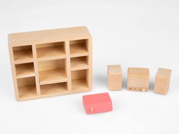 ДЕРЕВЯННЫЙ КОМПЛЕКТ МЕБЕЛИ ДЛЯ КУКОЛЬНОГО ДОМИКА КУКЛИЧНАЯ КРОВАТЬ ШКАФ ХОЛОДИЛЬНИК КНИЖНЫЙ ШКАФ