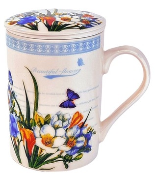 KUBEK Z ZAPARZACZEM CERAMICZNYM I POKRYWKĄ ZAPARZACZ W KWIATY 320ML PREZENT