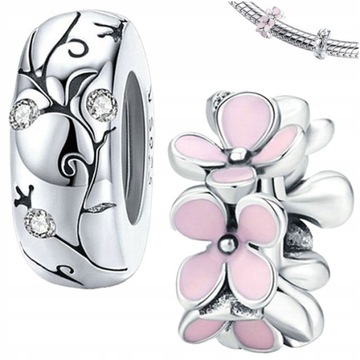 CHARMS Zestaw KWIATY + STOPER srebro pr 925 2szt
