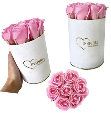 FLOWERBOX Z KWIATAMI MYDLANYMI PREZENT KWIATY RÓŻE MYDLANE WELUROWE PUDEŁKO