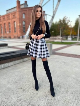 МИНИ-ЮБКА В КЛЕТКУ, Черный, Белый, Расклешенная, со складками, РОЖДЕСТВЕНСКИЙ S
