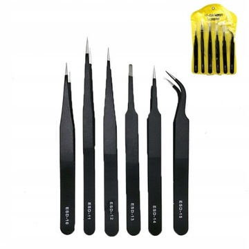ZESTAW 6 METALOWYCH PĘSET ESD W ZÓŁTYM ETUI PINCETA PĘSETA TECHREBAL