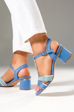 SANDAŁY DAMSKIE NA OZDOBNYM KLOCKU ELEGANCKIE WKŁADKA SKÓRA NIEBIESKIE r 39