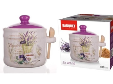 POJEMNIK Z DREWNIANĄ ŁYŻECZKĄ ARTYKUŁY SYPKIE LAWENDA