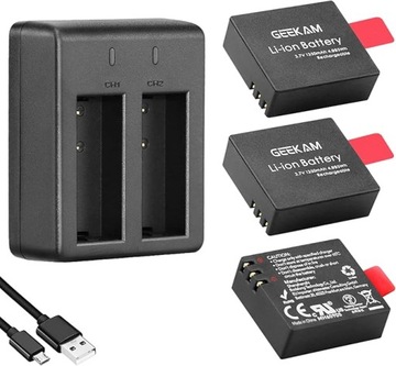 Akumulator do kamery sportowej, 350 mAh (3 sztuki) z podwójną ładowarką USB