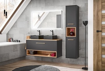 Навесной шкафчик для ванной комнаты под умывальник 80СМ Полка с выдвижным ящиком Графит Матовый/Дуб