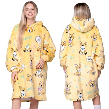 KOC BLUZA Oversize Gruba KOCOBLUZA 2w1 XXL Wzór PIESKI Futrzak z Kapturem