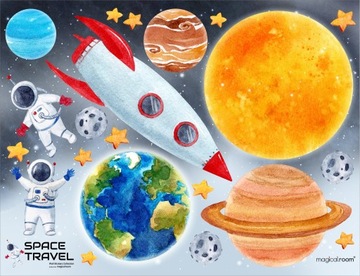 Duże naklejki na ścianę dla chłopca KOSMOS PLANETY RAKIETA - 100cm x 130cm