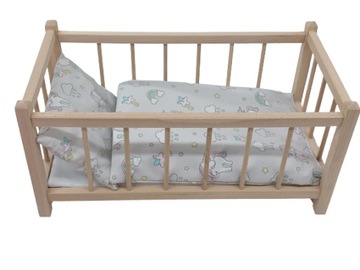 DREWNIANE ŁÓŻECZKO DLA LALEK LALKI + POŚCIEL 3 EL