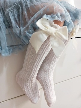 Podkolanówki z kokardkami VELVET z WZOREM BIAŁE ECRU 110-116-122-128 4-8L