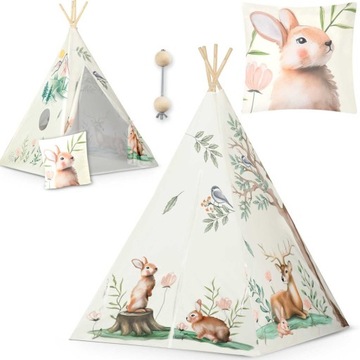 TIPI NAMIOT DLA DZIECI beżowe WIGWAM PODUSZKA STABILIZATOR LEŚNE ZWIERZĄTKA