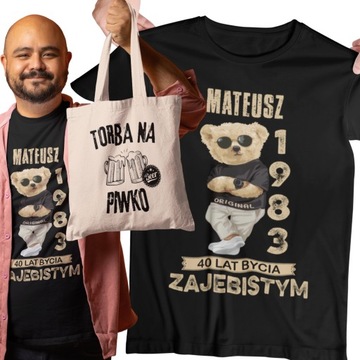 KOSZULKA PREZENT NA KAŻDE 1-99 URODZINY IMIĘ ROK + TORBA NA PIWKO GRATIS