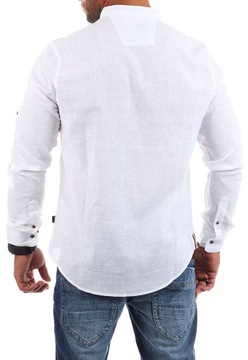 PRZEWIEWNA MĘSKA KOSZULA ZE STÓJKĄ LNIANA LEN BIAŁA - XL