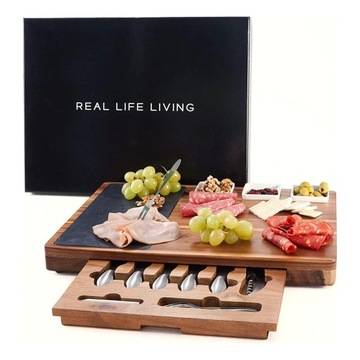 Real Life Living Квадратная доска для сыра из дерева акации, 2 аксессуара, 5 ножей