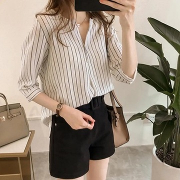 Women Shirt Striped Print V-neck 3/4 Sleeves V Nec