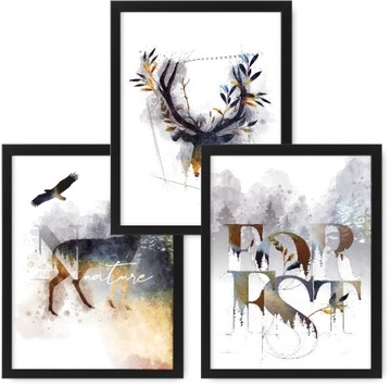 JELEŃ NATURA LAS 3 obrazy 33x43 plakaty, ramy ikea
