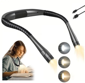 LAMPKA LED DO CZYTANIA KSIĄŻEK NA SZYJĘ 3 BARWY ELASTYCZNA AKUMULATOR USB