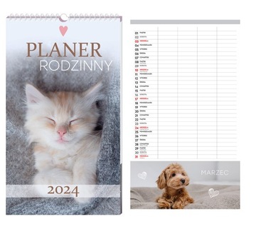 PLANER RODZINNY 2024 KALENDARZ ŚCIENNY ZWIERZAKI