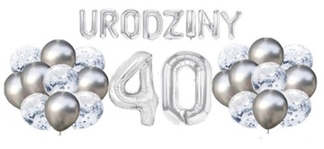 Zestaw Dekoracji na 40 Urodziny srebrne balony cyfry Napis na Prezent