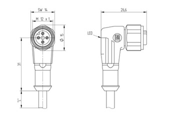 PRKWT/LED P 4-07/25м M12 4-контактный светодиодный сенсорный кабель
