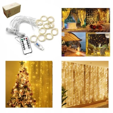 KURTYNA ŚWIETLNA LED Girlanda LAMPKI 3X2M PILOT Z PAMIĘCIĄ USB BIAŁE CIEPŁE