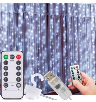 LAMPKI KURTYNA ŚWIETLNA LED 300 LED 3x3m Zimny Biały Girlanda na okno PILOT