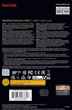 Карта памяти SANDISK EXTREME PRO 256 ГБ SDXC 200 МБ/с V30