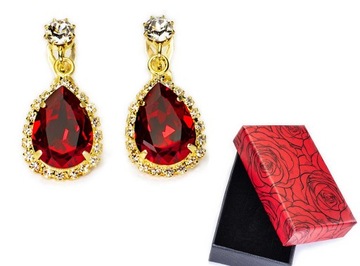KLIPSY NA USZY ZŁOTE CZERWONE DŁUGIE WISZĄCE Z KRYSZTAŁAMI ŁEZKI SWAROVSKI