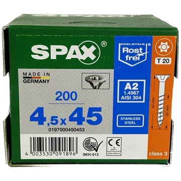 Wkręty nierdzewne 4,5x45mm wkręty do drewna A2 stal nierdzewna SPAX 200szt