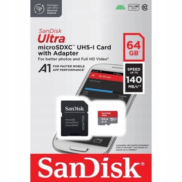 Подарочная карта SanDisk ULTRA 64 ГБ, 140 МБ/с, microSDXC, телефонная карта