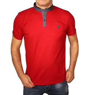 Koszulka męska elegancka czerwona na stójce z guzikami Tshirt bawełniany L