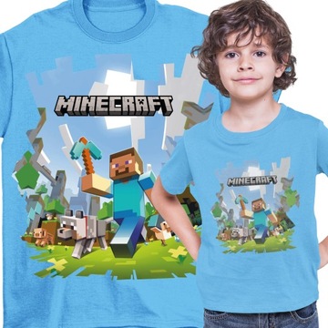 T-SHIRT KOSZULKA DZIECIĘCA MINECRAFT PRZYGODA PREZENT NIEBIESKA 128 134
