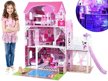 Drewniany domek dla lalek taras +zjeżdzalnia + LED