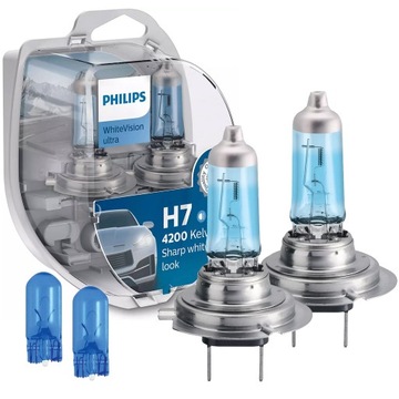 PHILIPS ŻARÓWKI H7 WHITE VISION ULTRA 4200K BIAŁE 12972 + POSTOJÓWKI W5W