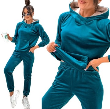 DRES KOMPLET WELUROWY DAMSKI BLUZA KANGURKA Z KAPTUREM PREMIUM MORSKI L/XL