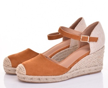 SANDAŁY NA KOTURNIE DAMSKIE ESPADRYLE NA PLATFORMIE ZAMSZ SŁOMKA