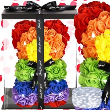 МЕДВЕДЬ С РОЗАМИ 30 СМ РОЗА МИШКА С ЛЕТЕСТЯМИ РОЗ БАНТ ПОДАРОЧНАЯ КОРОБКА+20LED