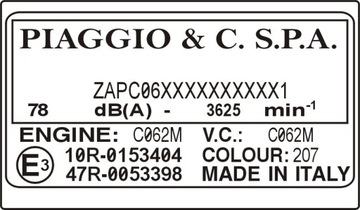 Tabliczka naklejka znamionowa Piaggio motocykl