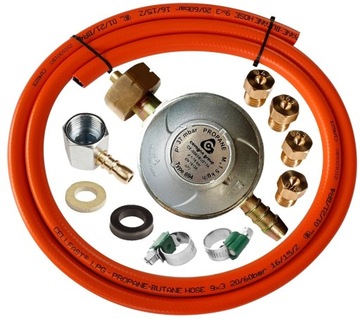 WĄŻ GAZU 2m 9x3mm+OPASKI+REDUKTOR BUTLI 11kg+ZŁĄCZKA+DYSZE KUCHENKI PŁYTY