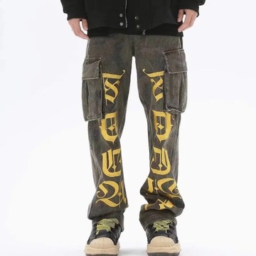 American camouflage multi-pocket work jeans men's