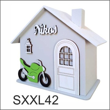 DUŻA drewniana skarbonka domek z quadem prezent dla chłopca personalizowana