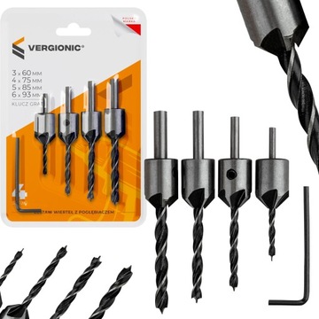 Набор сверл с зенковкой, 4 свёрла по дереву.