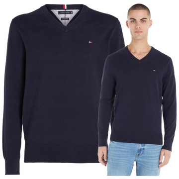 sweter meski tommy hilfiger granat w serek elegancki małe logo bawełniany