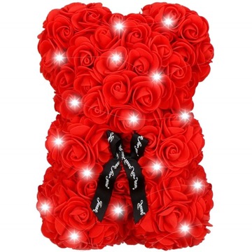 МЕДВЕДЬ С РОЗАМИ 30 СМ РОЗА МИШКА С ЛЕТЕСТЯМИ РОЗ БАНТ ПОДАРОЧНАЯ КОРОБКА+20LED