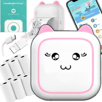 DRUKUŚ MINI DRUKARKA TERMICZNA MINI KOT DO ZDJĘC NAKLEJEK + 11 SZT ROLEK