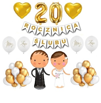 20 Rocznica Ślubu Balony Dekoracje Zestaw Złoty