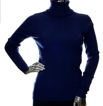Damski sweter z golfem golf w prążek prążkowany z wiskozą XS, S granatowy